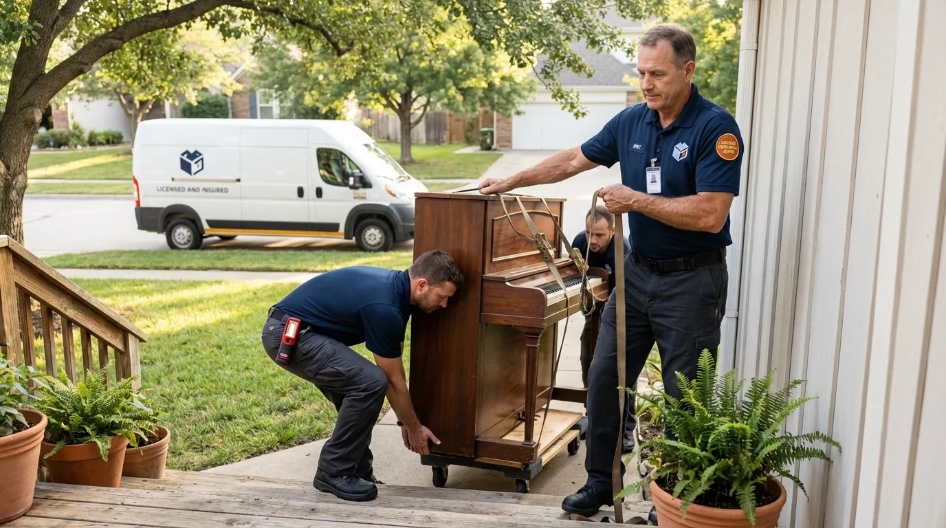 Licensed piano movers securing grand piano in Wendover, UT