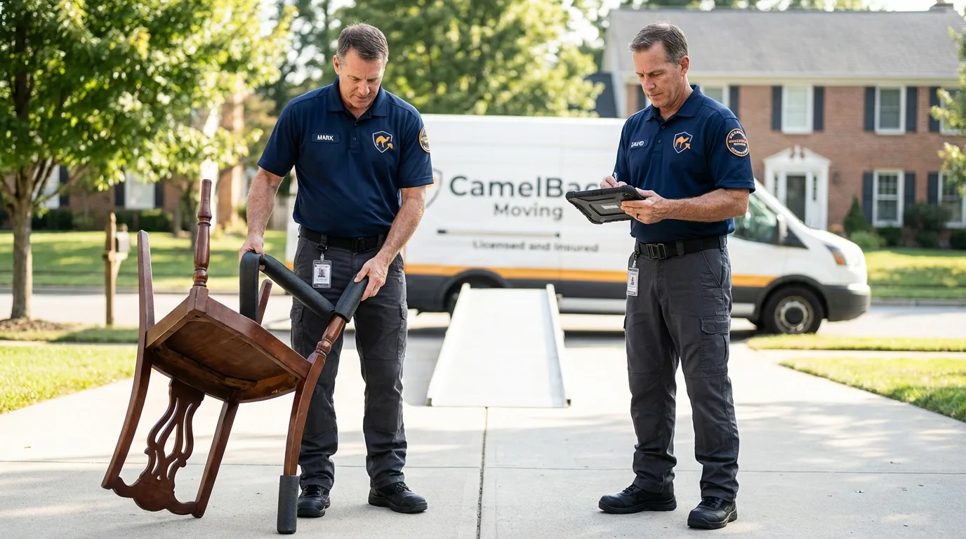 Movers inspecting furniture for damage prevention before loading in Wendover, UT