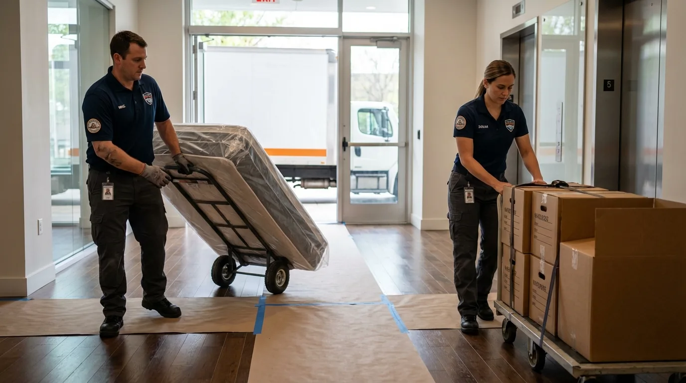Professional apartment movers loading elevator in Wendover, UT