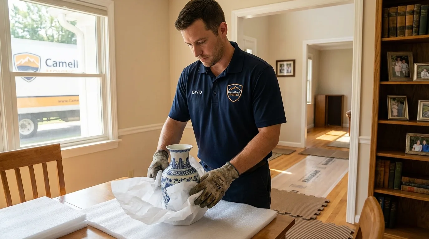 Professional crew carefully wrapping antique vase for senior downsizing move in Wendover, UT